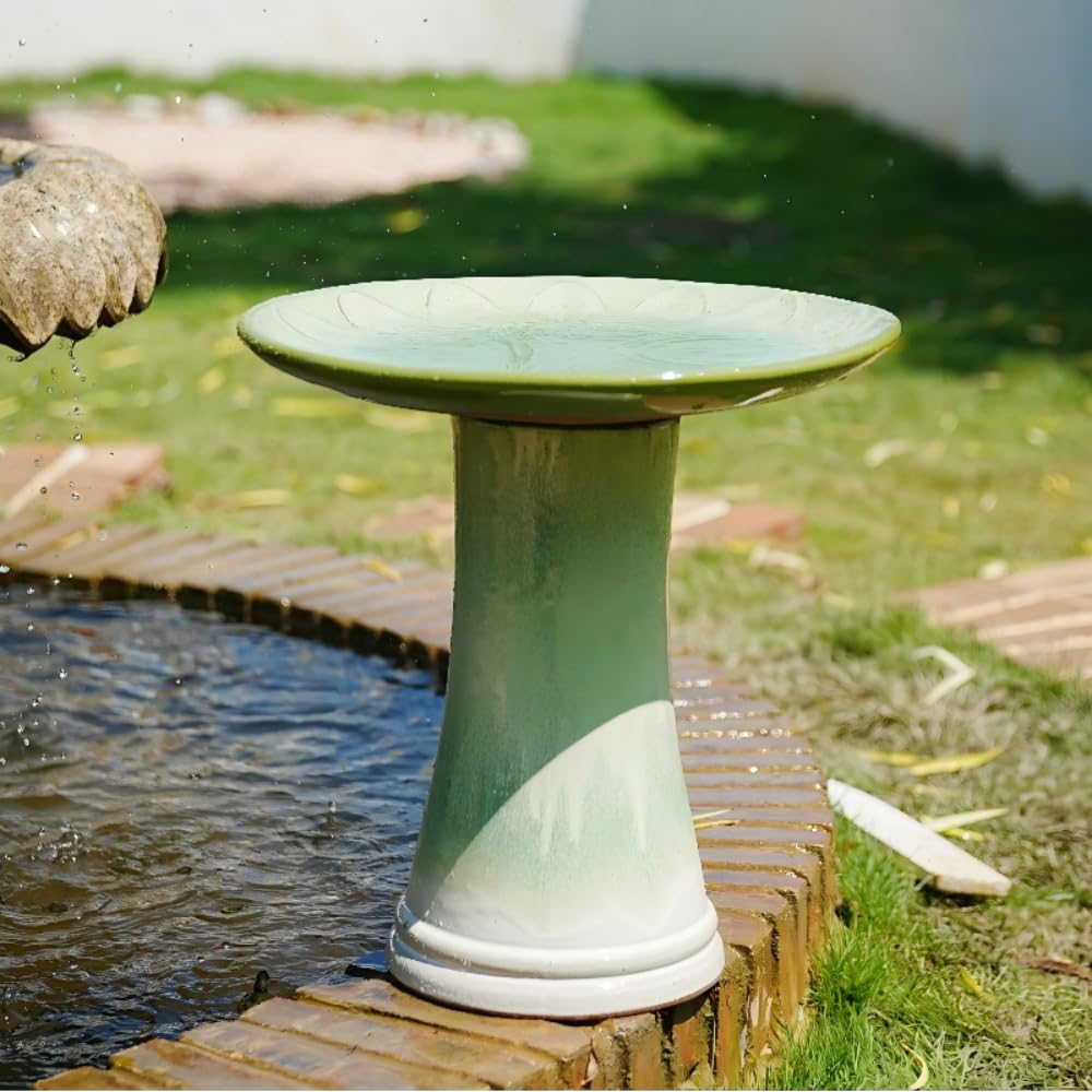 Baño para pájaros (cerámica, hecho a mano, lavabo, para relieve, floral, 43 x 45 cm, esmaltado brillante, verde claro, degradado, resistente a las heladas y a las temperías para jardín y