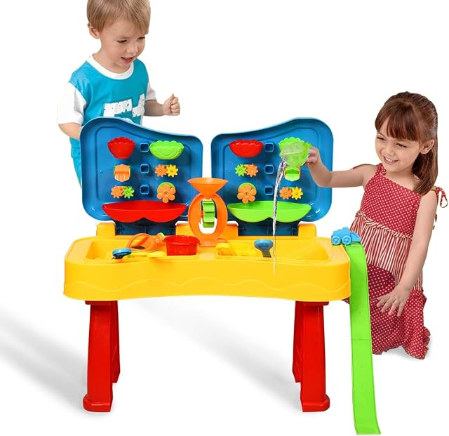 GYMAX Kids Sand and Water Table, Children Water Play Table with Lid, Outdoor Sand Activity Table for 3 Years Olds+ (31Pcs)