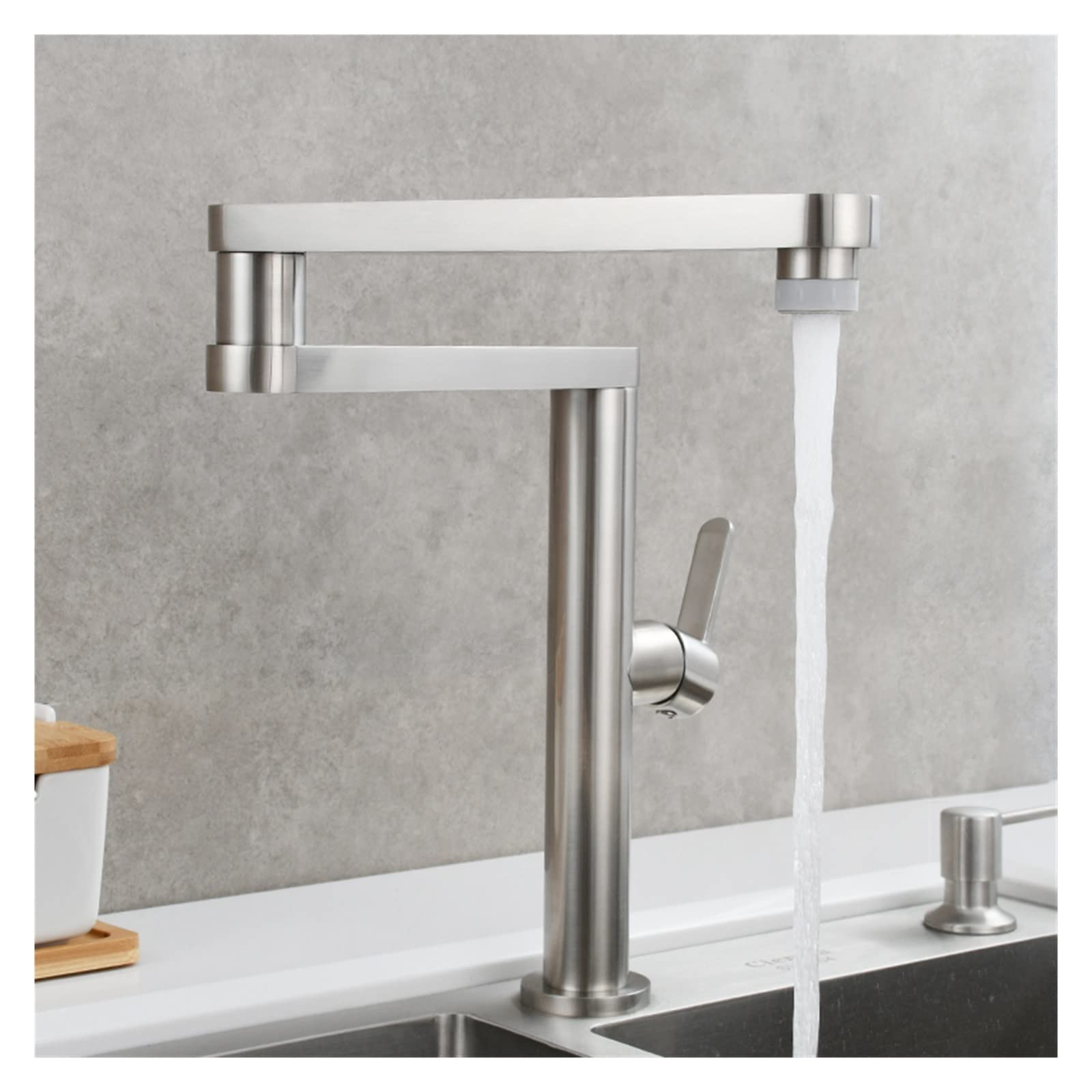 Brass Folding Kitchen Faucet Double Joint Swing Arms Hot & Cold Water Three Section Extension Sink Dual Functions Tap,Durability(Nickel Double)