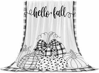 Flannel Fleece Blanket 32" x 47", White Retro Pumpkin Microfiber Cozy Soft Throws for Women, Thanksgiving Fall Buffalo Plaid Lightweight Throw Blankets for Couch, Sofa, Bed, Living Room, Bedroom