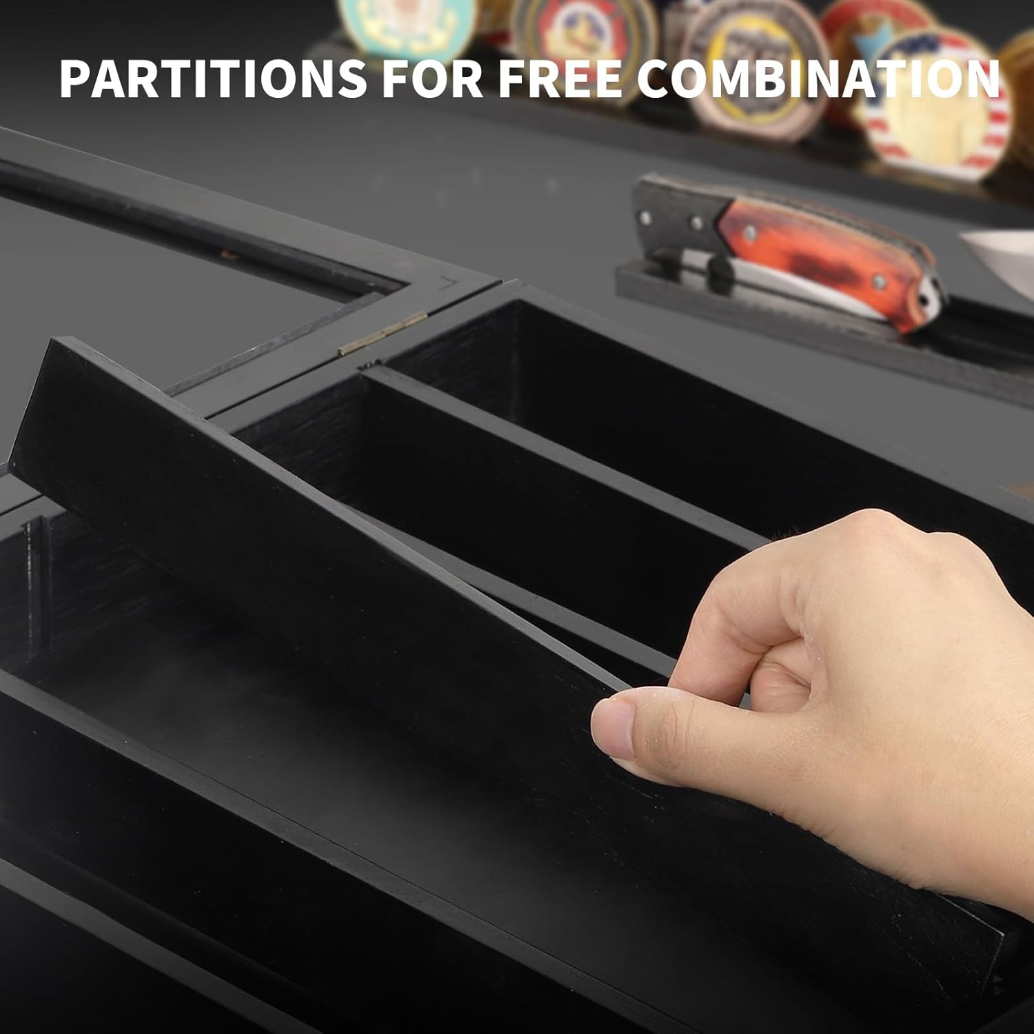 AUTOARK Knife Display Case & Medals Display Case,7 Rows Military Folding Knife Shadow Box,Wall Mount or Tabletop,Large Capacity with Removable Shelves & Side Drawer,AHK-070