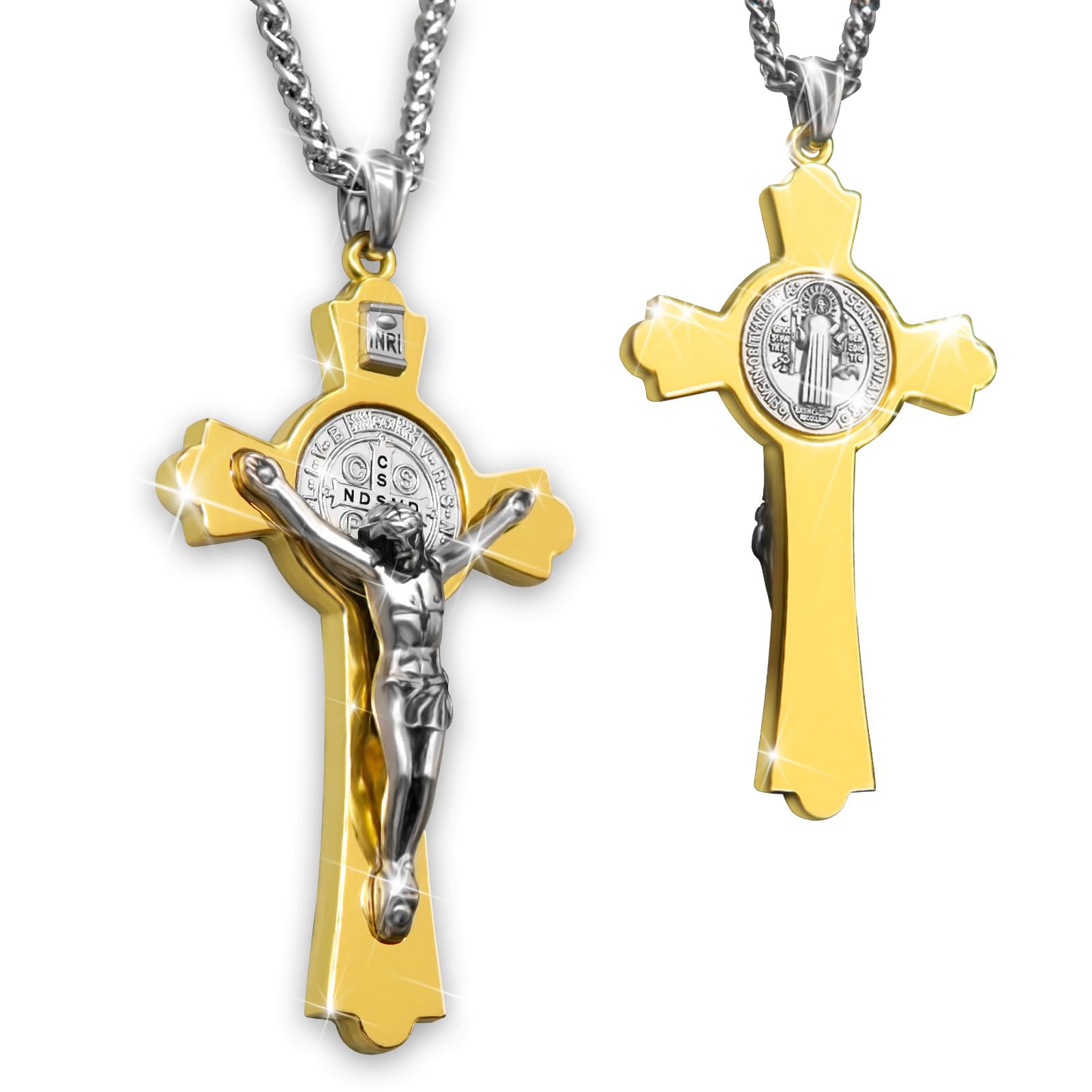 St Benedict Crucifix Necklace Saint Benedict Medal Cross Bless Safety Religious Pendant Gift for Men, Women, Family, Parent, Friend