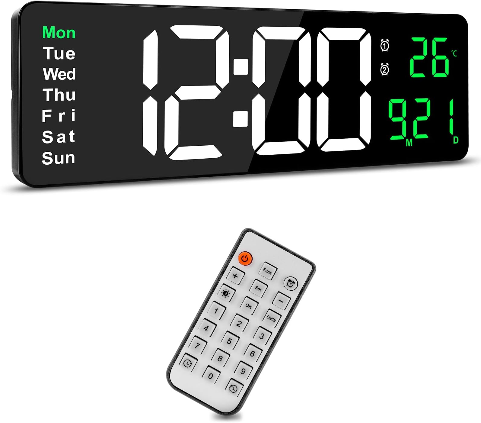 Achort 16" Large Digital Wall Clock LED Display Digital Alarm Clock Automatic Brightness Dimmer Clock with 2 Alarms Count Up/Down Calendar 12/24H Date Temperature for Home Gym Office Classroom