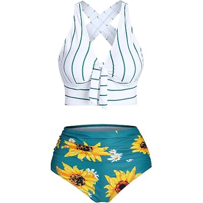 DRESSFO Women’s High Waisted Two Piece Swimsuit – Tie Front Crisscross Tummy Control Set
