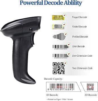 1D 2D Wired Bar Code Scanners Readers for Computers, UNIDEEPLY USB Cable Barcode Handheld, Scanning Label QR PDF417 UPC EAN Data Matrix Reader Gun Retails Precise Scan for Screen Payment Store, Black