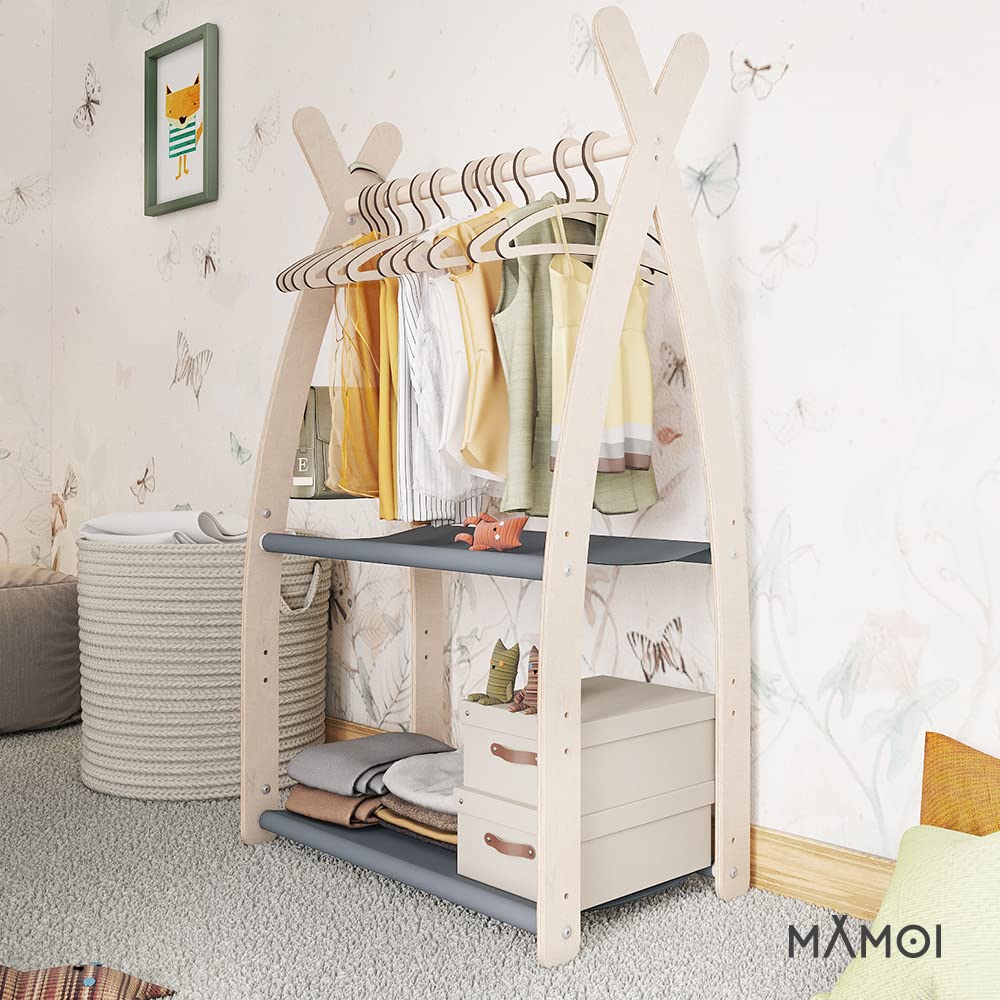 MAMOI® Perchero para niños 95x106x32cm / 53x95x32cm | Armario para niños | Perchero de pie | Riel de ropa para niños | Carril de madera | Armario para niños | 100% ECO | Hecho en la UE