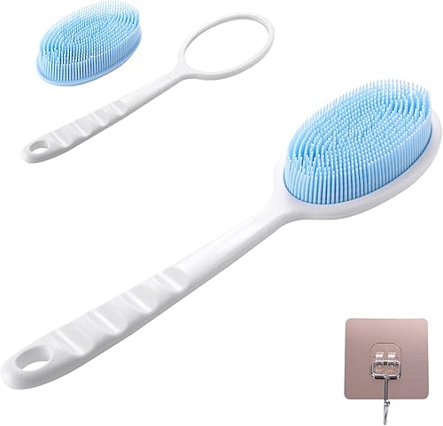 Cepillo corporal de silicona 2 en 1 con mango largo desmontable, limpiador de espalda de doble cara para baño con gancho, espuma rica para limpieza