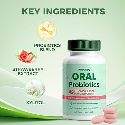 Miniatura 4 de Oracare Oral Defence - Suplemento de probióticos orales para aliento fresco, salud de dientes y encías, sabor a fresa, 60 unidades (1)