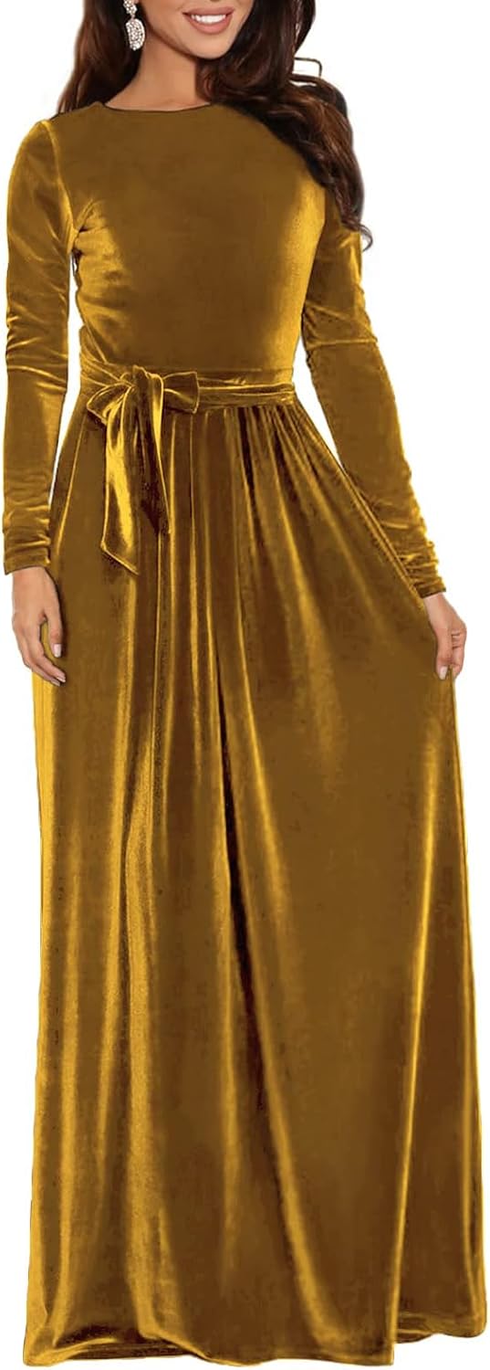 BestGirl Women's Velvet Maxi Dress Crew Neck Long Sleeve High Waist with Belt Cocktail Party Bridesmaid Dresses