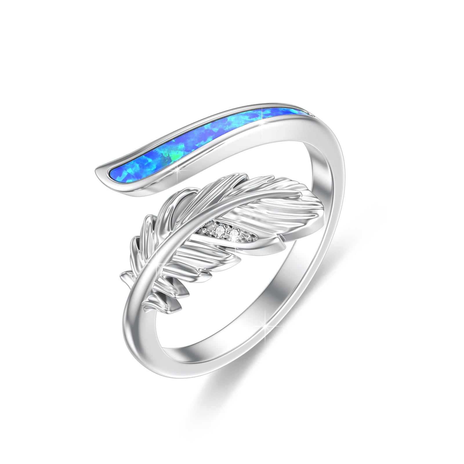 Feder Ring 925 Sterling Silber Opal Feder Ring Verstellbar für Damen Verstellbarer Ring Weihnachten Halloween Ostern Muttertag Valentinstag Geburtstag Schmuck Geschenke für Damen