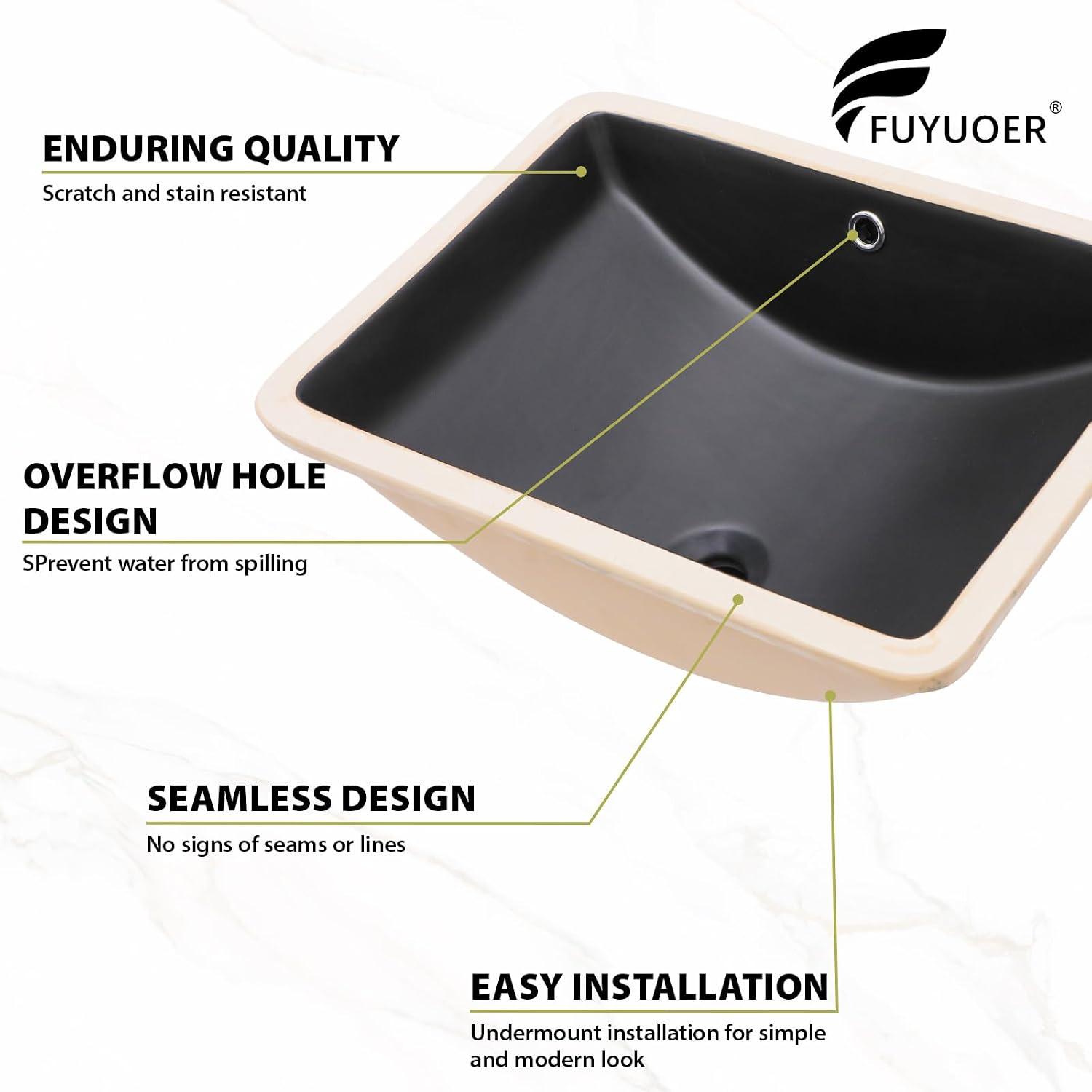 Black Undermount Bathroom Sink 21x15 Inch Rectangle Porcelain | Ceramic Under Counter Vessel Sink Modern Vanity Basin Sink With Overflow