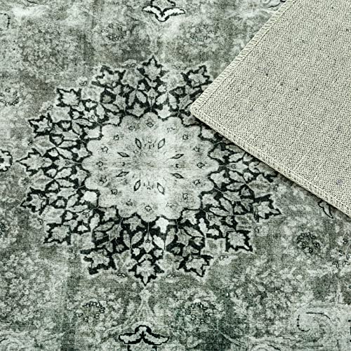 Decomall Maila Washable Runner Rug, Traditional Persian Long Rugs, Vintage Distressed Foldable Carpet For Hallway Kitchen, 2'6"X9', Grey-Green #TOP2