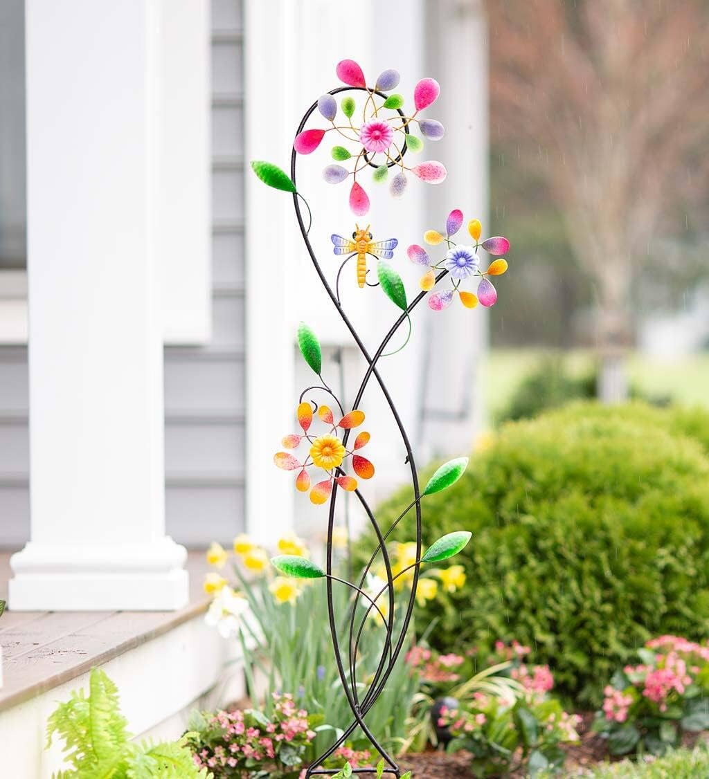 Wind & Weather 18.5-Inch Wide by 58-Inch Tall Colorful Garden Trellis and Wind Spinner with Twisting Vines, One Large and Two Small Spinning Flowers, and Sturdy Metal Stakes for Secure Installation