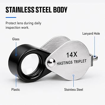 14X Hastings Jewelers Loupe, Mini Triplet Loupe with 12mm Triplet Lens, Stainless Steel Body, Foldable Design, Protective Pouch, Pocket Size Jewelry Loop Magnifier for Gemstone & Coin Collecting