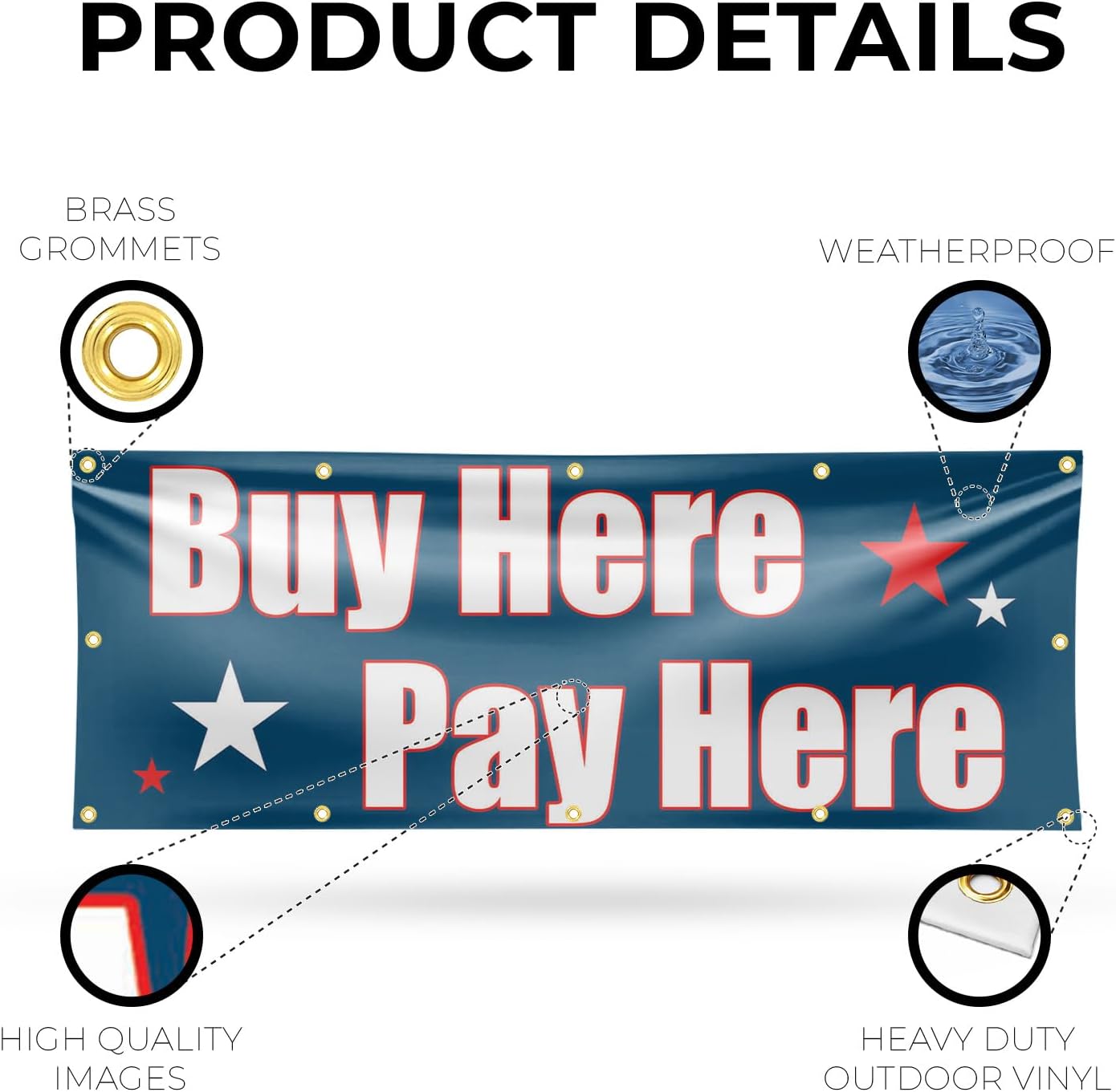 Buy Here Pay Here Banner Sign 48 Inch x 96 Inch | 13 oz Vinyl with Metal Grommets | Heavy-Duty Single-Sided Outdoor Durable Printed High-Quality Weatherproof | Made in the USA