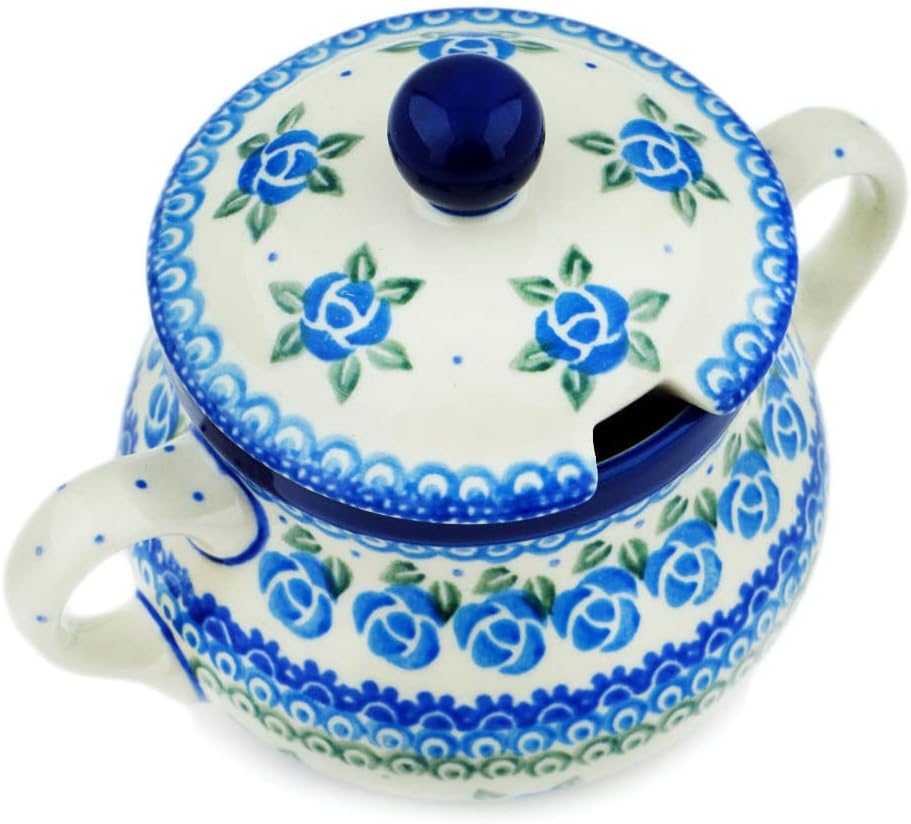 Polmedia Polish Pottery Sugar Bowl 11 oz - Bluebuds Pattern Handmade in Boleslawiec Poland by Ceramika Artystyczna + Certificate of Authenticity