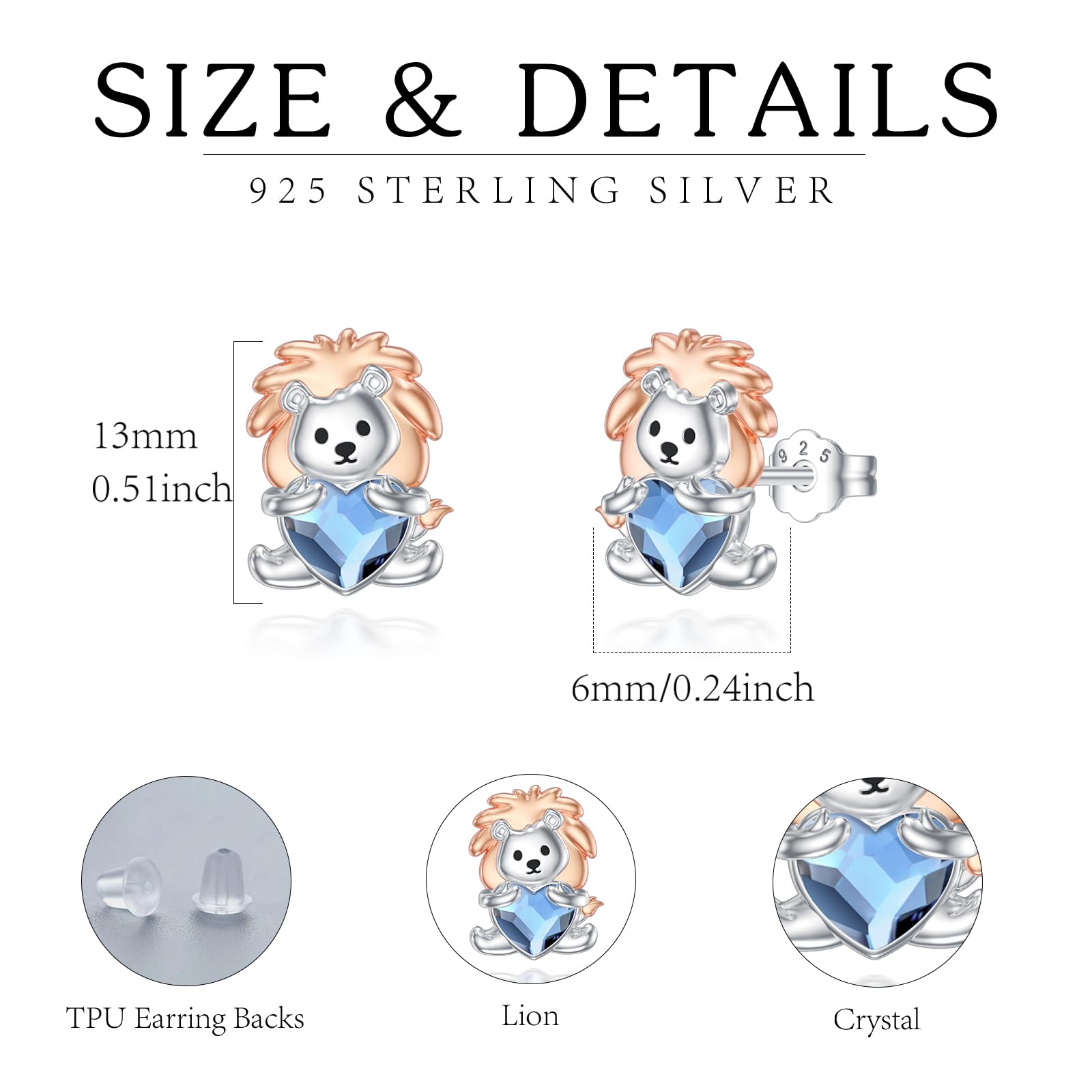 Löwe Tier Ohrringe 925 Sterling Silber Süße Blauer Kristall Löwe Ohrstecker Schmuck Geschenke für Damen Mädchen