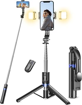 Selfie Stick with 2 Fill Lights, 45'' All-in-One Longer Smartphone Tripod Stand for Filming with Wireless Remote, Portable Mobile Phone Tripod for Smartphone Blue