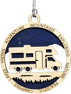RV Camping Ornament - 3" Handmade Wooden Class C Motorhome Christmas Decoration - Laser Cut 3D Forest Scene - Custom Text Option - Made in USA - Perfect Gift for Campers