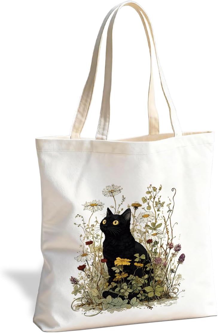 Black Cat Canvas Tote Bag for Women, Vintage Tote Reusable Shopping Grocery Shoulder Bag, Aesthetic Cat Lover Gift
