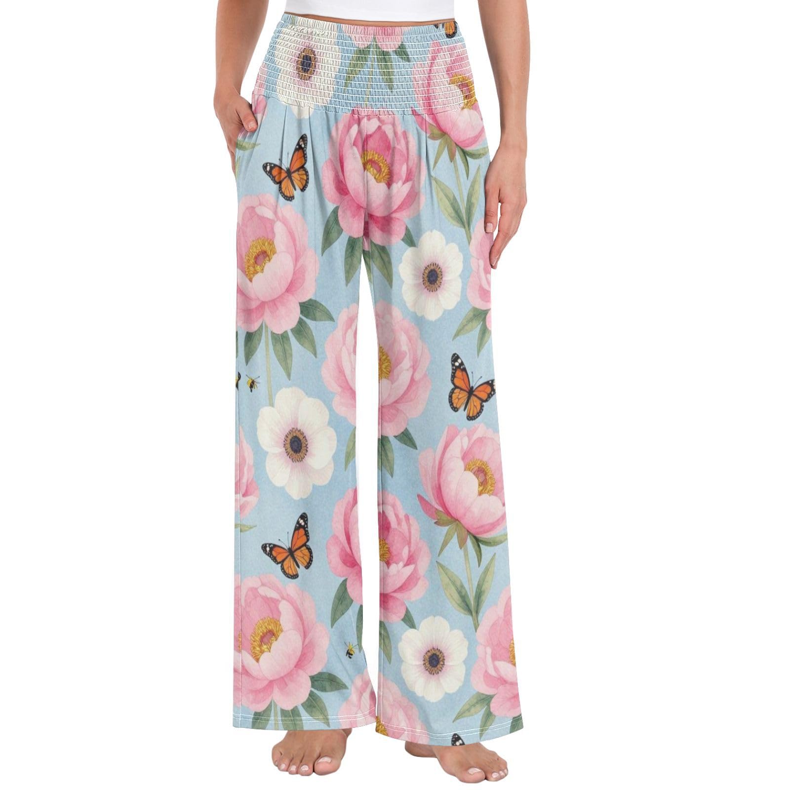 Pantaloni da yoga da donna con fiori di corallo e farfalle, per rilassarsi a casa