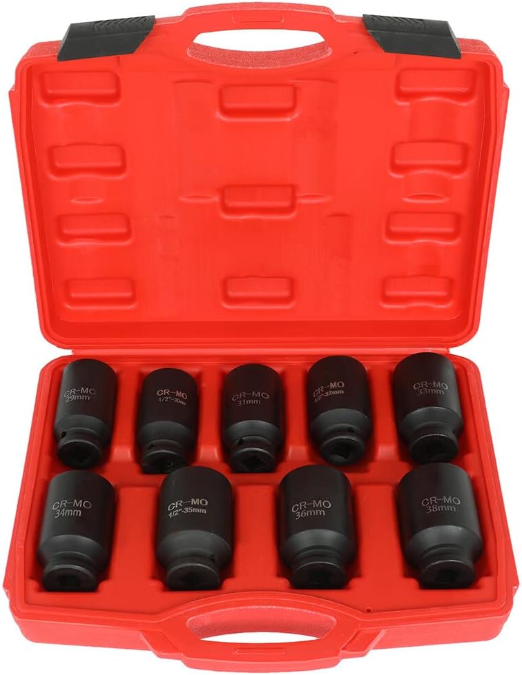 9-Piece 1/2 Inch Drive Deep Impact Axle Hub Socket Set Cr-V Spindle Joint High Torque Wheel Nut Sockets Fit For Most Cars, 6 Point, 29mm,30mm.31mm,32mnm,33mm, 34mm, 35mm, 36mm, 38mm