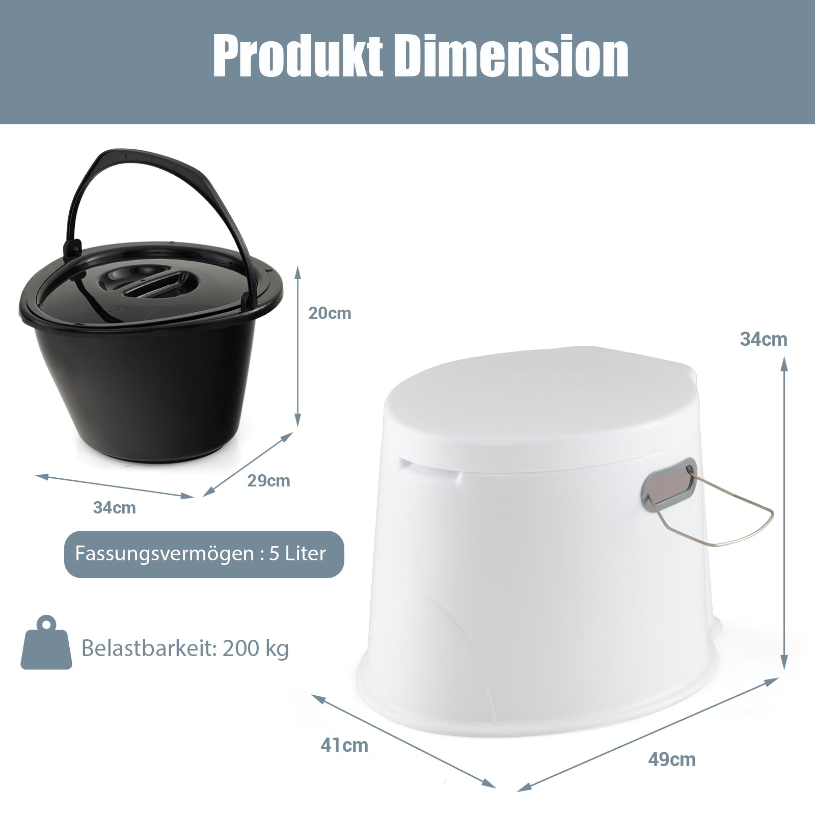 SOARS Campingtoilette, 5L Reisetoilette, Camping Toiletten mit abnehmbarem Inneneimer & Papierrollenhalter, Mobile Toilette mit Deckel, bis 200 kg belastbar, ideal für Camping, Reisen,Wandern