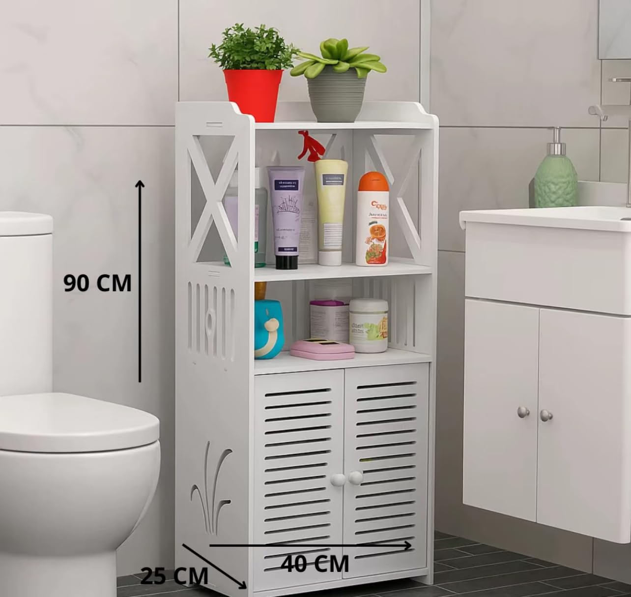 Generico Mobiletto da Bagno Salvaspazio con Anta, 90x40x25 cm, Armadietto Bianco Impermeabile, Organizer Multiuso in Legno Plastico