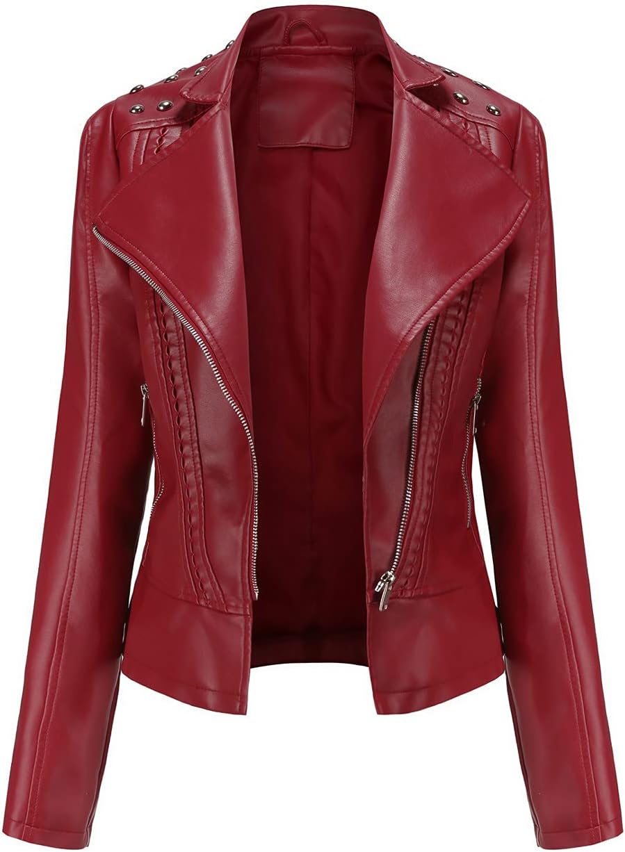 chouyatou Women's Casual Light Studded Shoulder Moto Biker Faux Leather Jacket