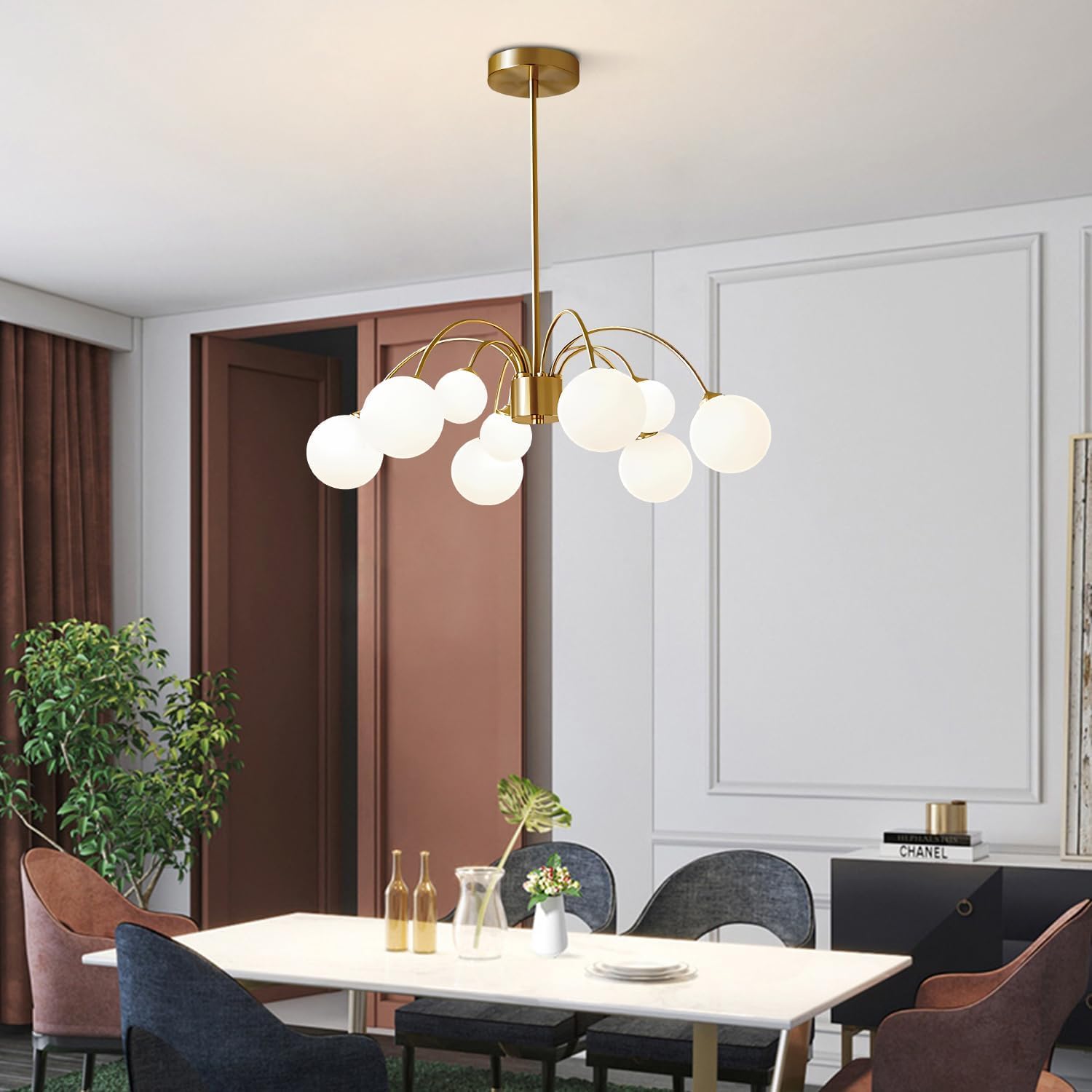 KCO Lighting Sputnik-Kronleuchter Gold mit 9 Weißglas-Kugeln, 73 cm höhenverstellbar, für Ess- und Wohnzimmer
