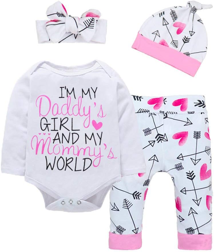 Baby Girl Clothes Cute Mommy Letter Romper Arrow Heart Pants Newborn Girls Outfits Fall Winter Clothes Set (B-Pink, 0-3 Months)