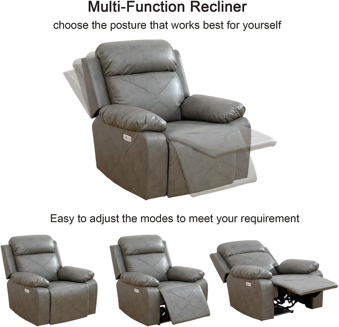 Power Recliner Sofa Set with LED Lights，Leather Reclining Chair with USB Port for Living Room Furniture Set,Leather Recliner Chair for House/Home Theater(Chair 1 Piece，Grey)
