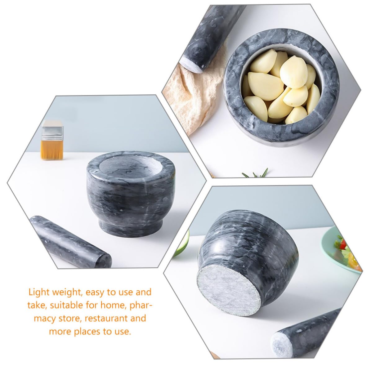 Mortero de Mármol Negro Mano Ergonómica para Triturar Ajo y Especias en Casa, Herramienta Manual Ligera que Realza Sabores Naturales