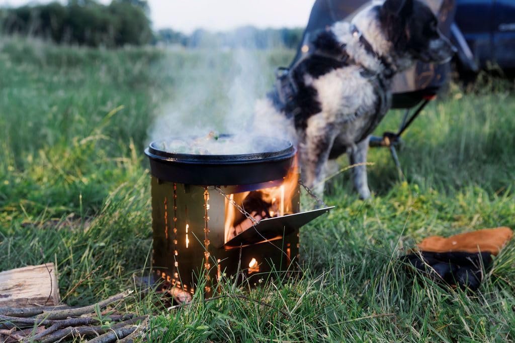 Bushcraft Essentials BUSHBOX XXL+ Hornillo para exteriores | Hobo | Barbacoa | Hoguera | Camping | Madera | Gas | Alcohol | Plegable | Compacto | Acero inoxidable | 100% fabricado en Alemania