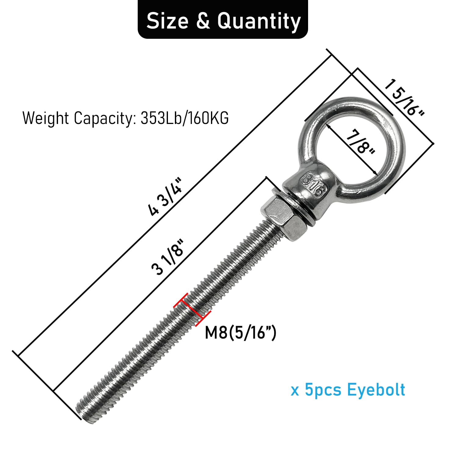 316 Stainless Steel Eyebolts - 5 Pack -2