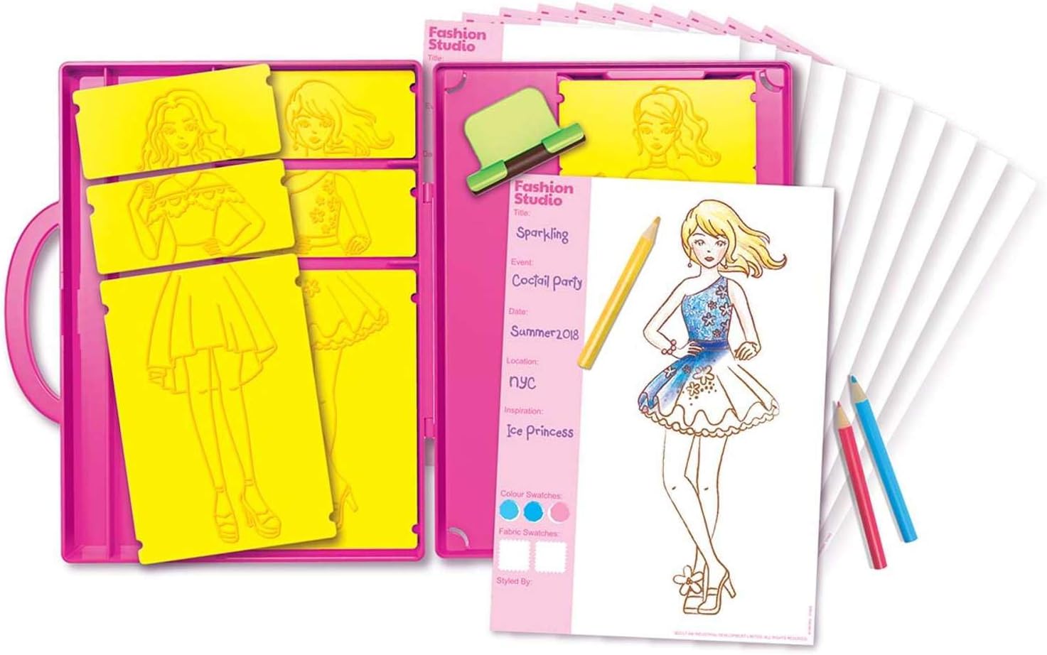 4M: KidzMaker: My Design Portfolio Fashion Studio - Design & Draw Outfits, Mix & Max Pattern Rubbing Plates, Travel Case, Arts & Craft Set, Kids 5+