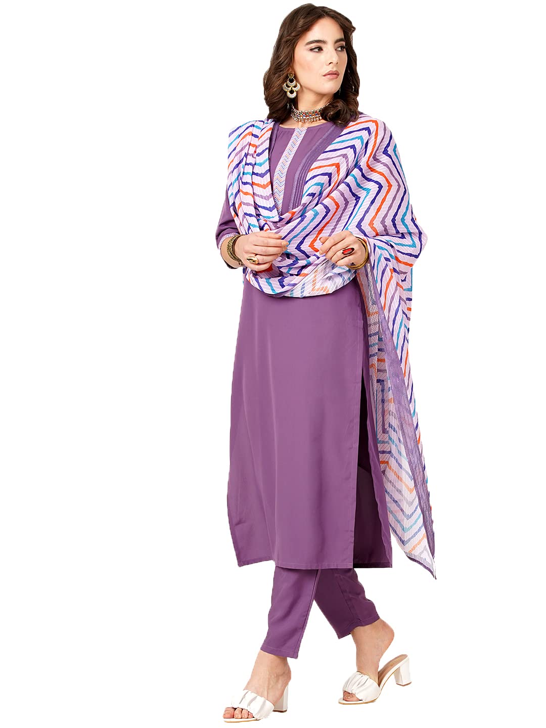 Shiv Textilesdigital Printed Round Neck Polyester Straight Kurta Set For Womens (205-Lavender-S)