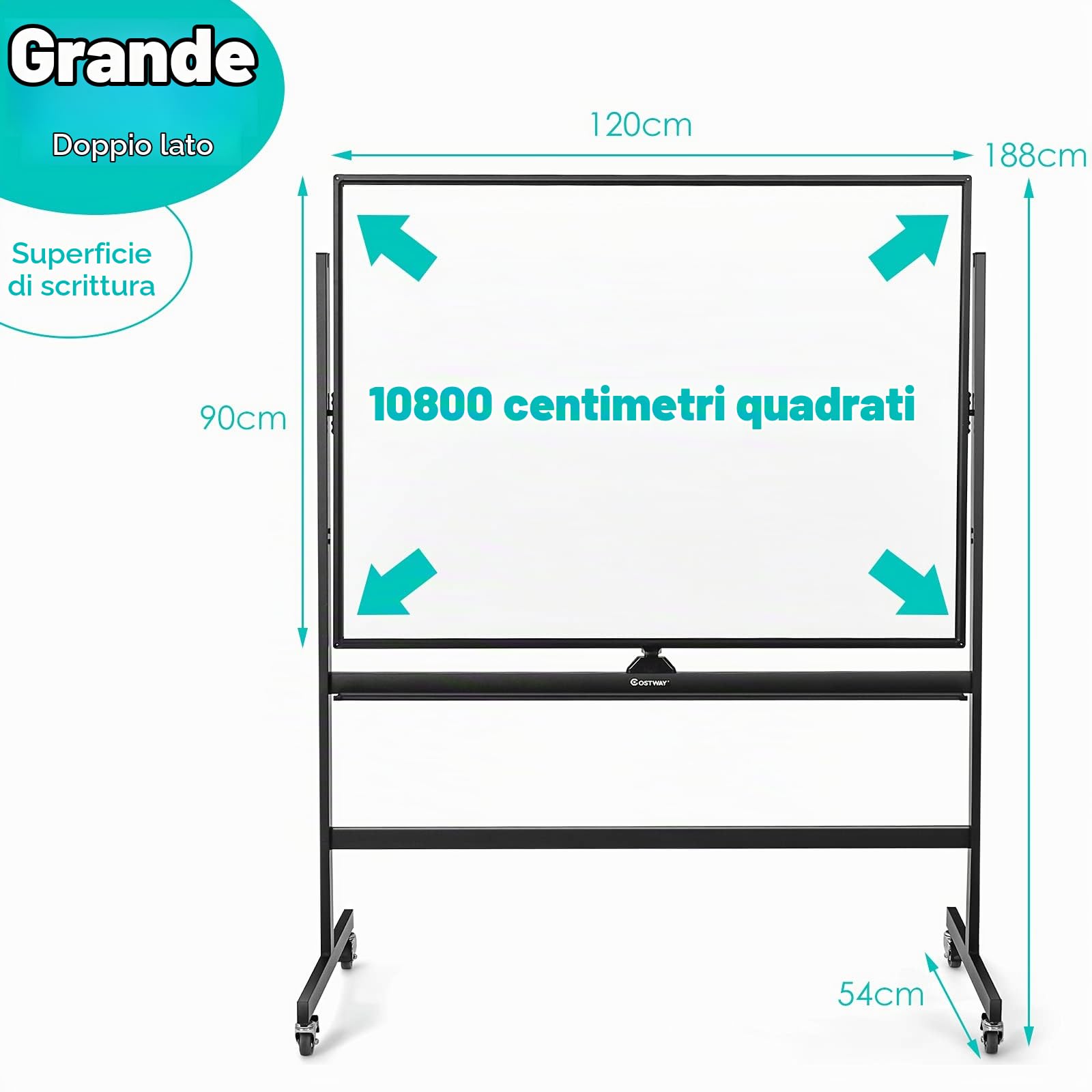 GYMAX Lavagna Magnetica Bianca, Ruotabile a 360°, Regolabile in Altezza, 4 Ruote Bloccabili, con Pennarelli, Cancellino, Magneti Colorati e Carta Lavagna, per Educatori, Scuole, Uffici