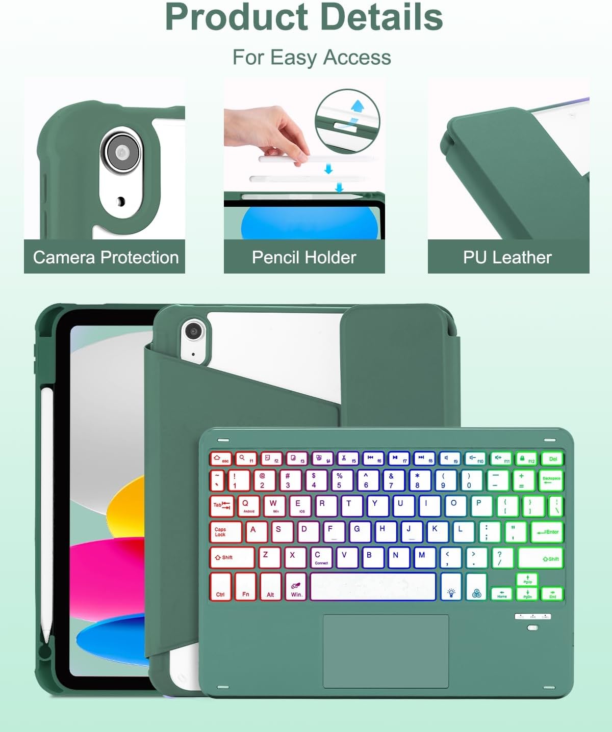 Touchpad Keyboard Case for iPad (A16) 11th 10th Generation, 360 Rotation Cover with Pencil Holder Wireless Backlit Detachable Keypad for iPad 11 inch 2025/10 Gen 10.9" 2022 Dark Green - Image 8
