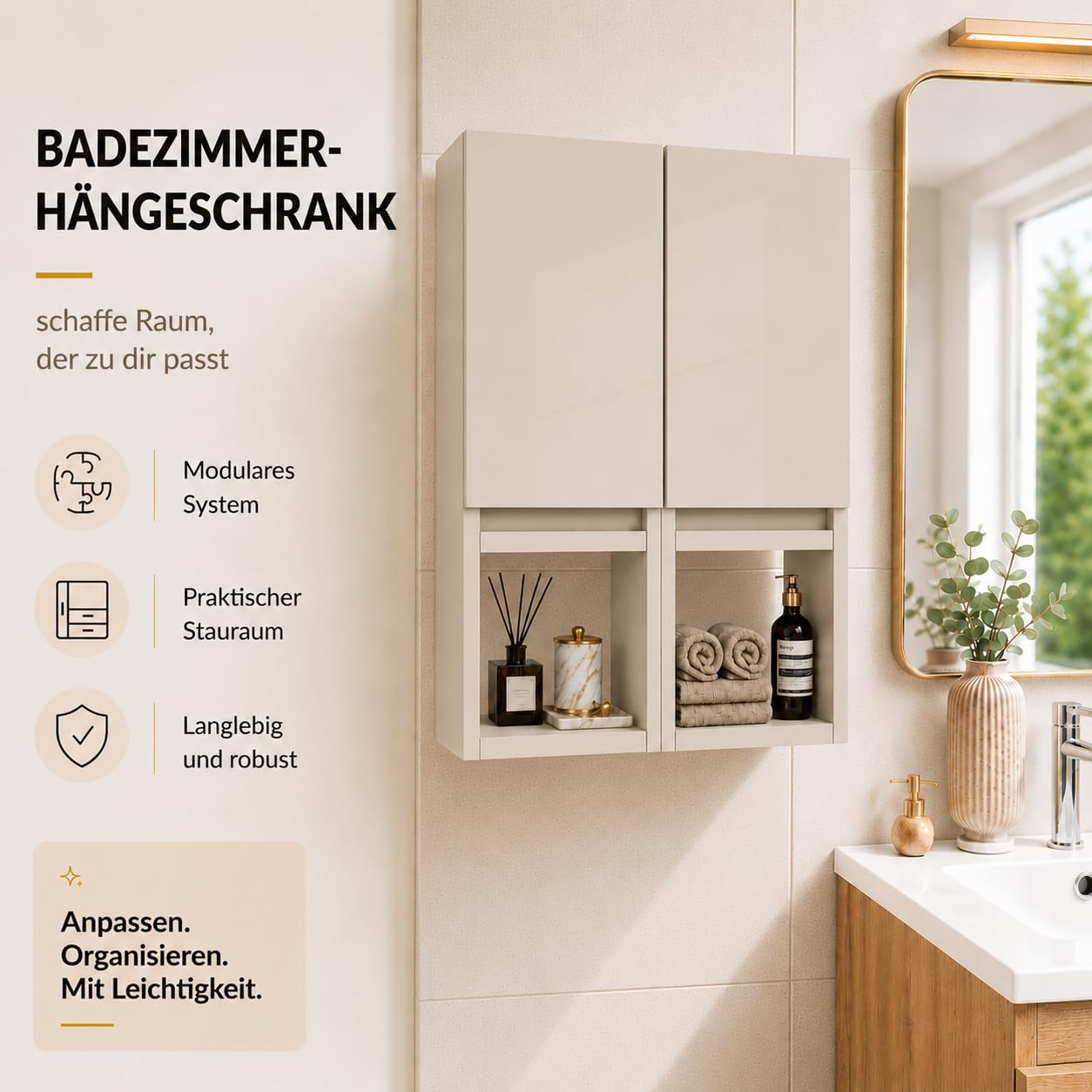 Hängeschrank Badezimmer, 75x56x25 cm, Kaschmirfarbe Matt, 6 Regale, Soft-Close-Türen, Anti-Fingerprint, Wandmontage
