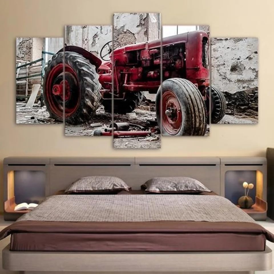 Impression sur toile tracteur rouge antique grand tableau decoration murale