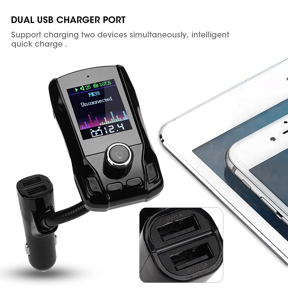 Transmisor Bluetooth, Adaptador de Radio FM Inalámbrico FM39 Cargador de Reproductor MP3 con Pantalla TFT de 1,8 Pulgadas y Rotación de 360°