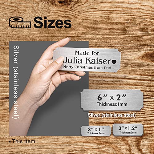 Image of Personalized Name Plates, Silver Engraved Plaque, Stainless Steel Trophy Plates Engraved, Custom Name Plate with Adhesive Backing or Screws, 6 inch W x 2 inch H