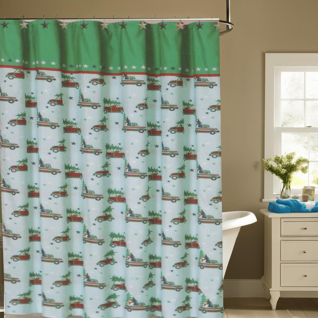 Christmas Bathroom Shower Curtain, Tree Shopping Red Truck Design with Matching Star Hooks Set