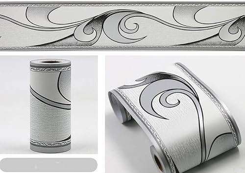 Miniatura 2 de REDODECO Elegante papel tapiz de moldura gris plateado, borde decorativo para techo, para baño, sala de estar, cocina, 4 pulgadas por 32.8 pies