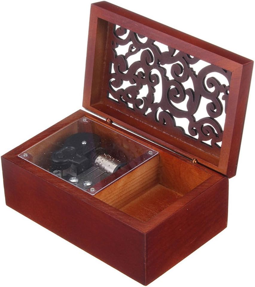 FnLy Antique Engraved Wooden Wind-Up Musical Box,Edelweiss Musical Box,with Silver-Plating Movement in,Rectangle