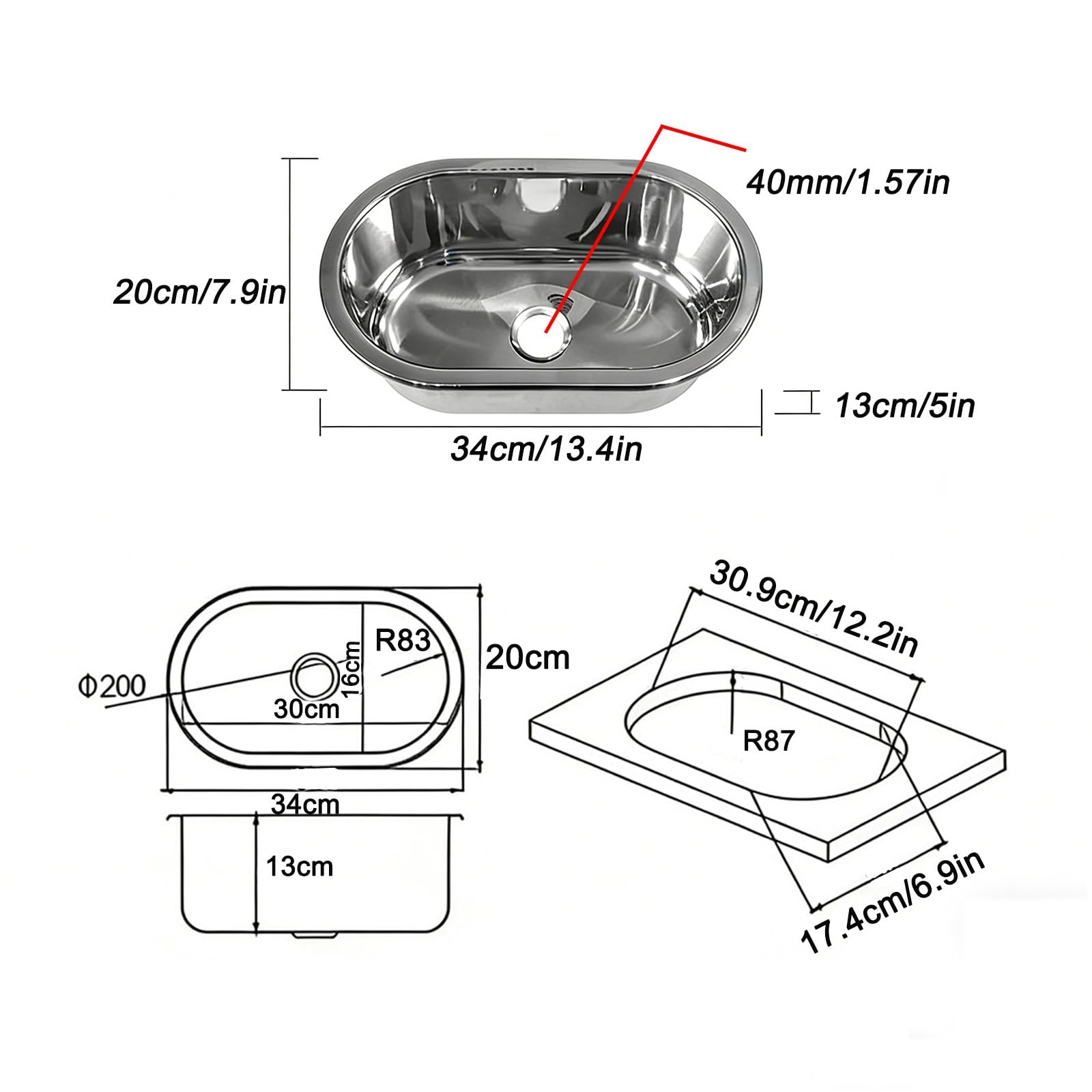 Fregadero Camper de Encastre, Lavabo Caravana Ovalado con Orificio de Drenaje de 40 mm, Acero Inoxidable, Apto para Autocaravanas y Barcos