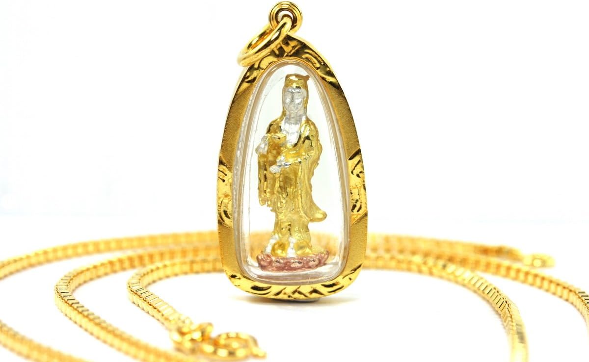 Bangkok Bazaar Elegant Thai Guan Yin Buddha Amulet Pendant 24k Gold Plated + 18" Chain Necklace