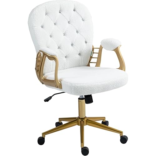 Teddy Velvet Office Desk Chair with Gold Base, Upholstered Makeup Chair for Vanity with Back and Wheels, Button Tufted Armchair Swivel Rolling Chair for Girls Women Study Bedroom,White
