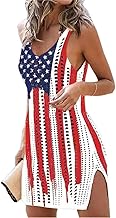 Swimsuit Coverup for Women American Flag Hollow Out Slit Crochet Cover Up Tank Dress Beach Bikini Cover Up Dresses - Buy now